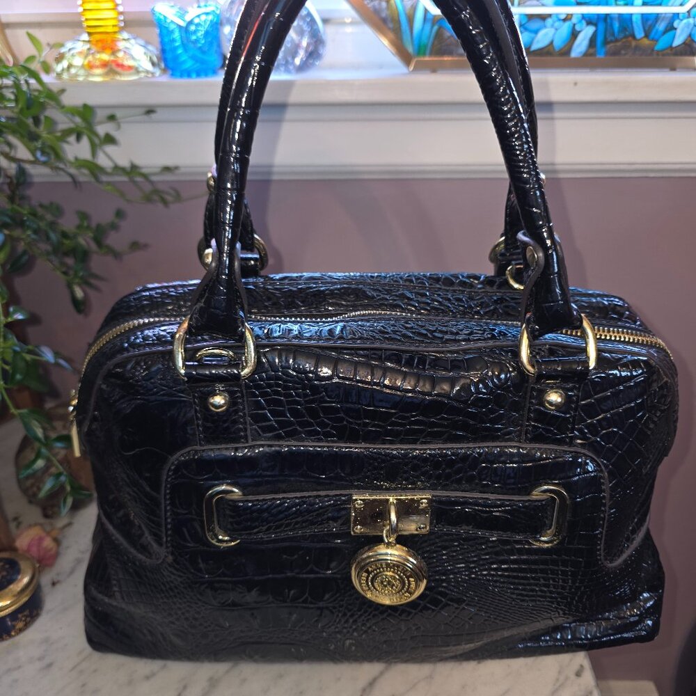 Anne Klein Black Croc Embossed Satchel Purse Lion Charm Patent Leather Shoulder